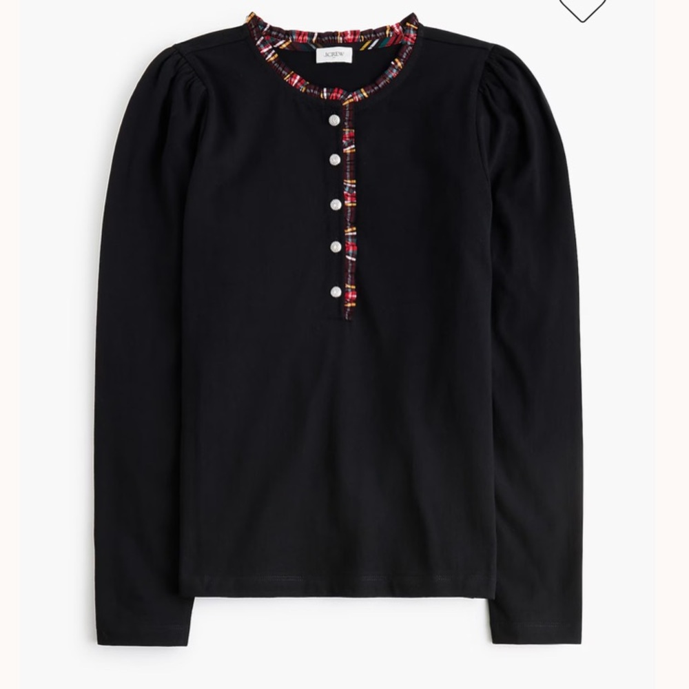 J.Crew Factory Long Sleeve Tartan Jewels Henley Top Blouse Shirt 100% Cotton XL‎